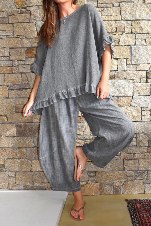 Frame Hopsack Frill Box Top Washed Charcoal